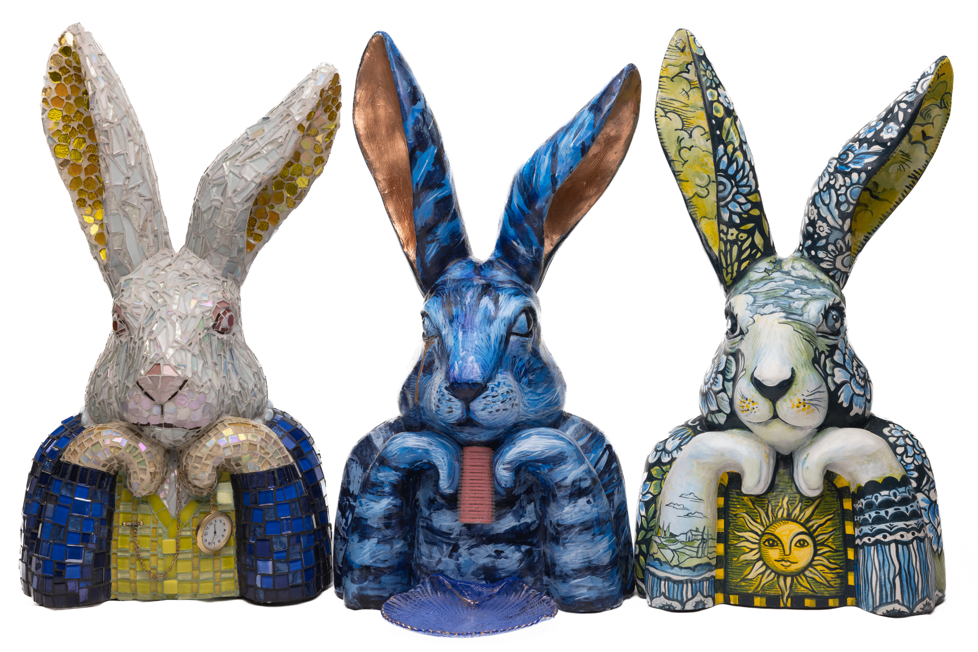 Mosaic, blue and floral Thinking Rabbit sculptures