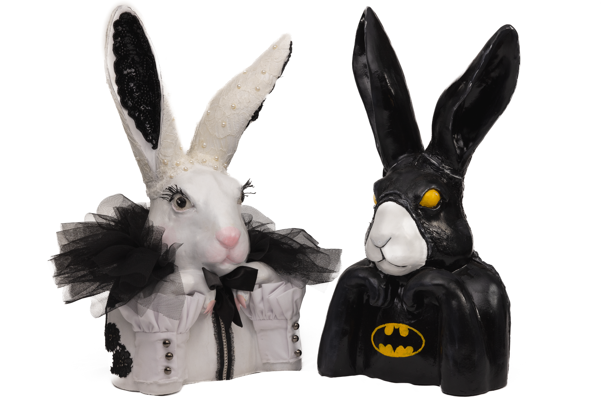 White lace and black Batman Thinking Rabbit sculptures