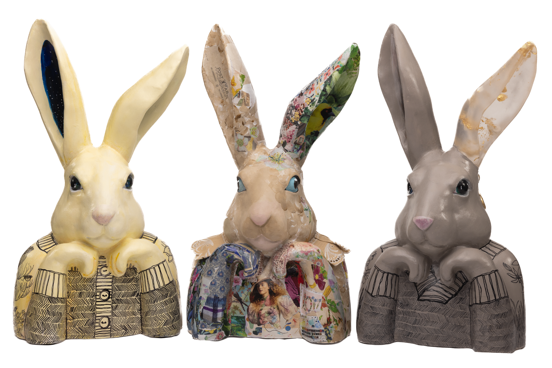 Three hand-painted Thinking Rabbit sculptures